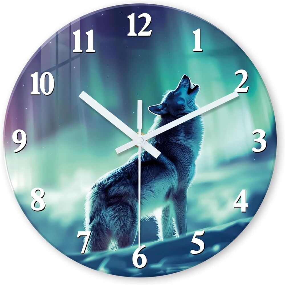 Howling Wolf Wall Clock 12 Inch Northern Lights Aurora Silent Non Ticking Decor
